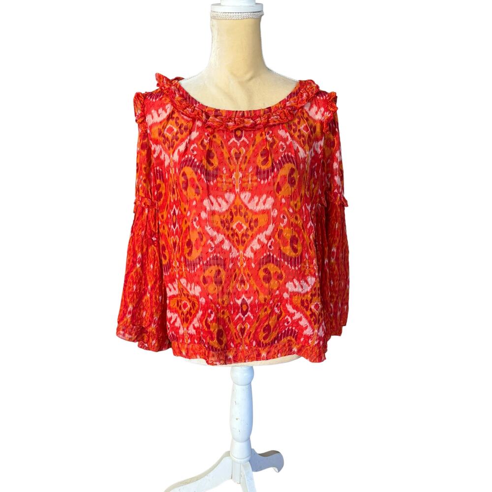 Tory Burch Orange Ikat Ruffle Blouse Top Size 12 Bergdorf Goodman Silk - Picture 3 of 15